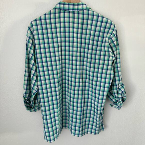 Vintage Koret Francisca Womens Green Plaid Shirt Embroidered Floral Size Medium - Picture 7 of 12